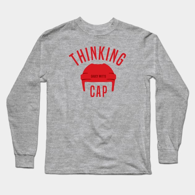 Hockey Helmet Thinking Cap Long Sleeve T-Shirt by SaucyMittsHockey